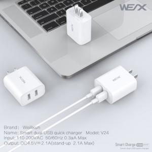 WEX V24 Wandladegerät, USB -Ladegerät, schnelles Ladegerät, Dual -Port -Ladegerät